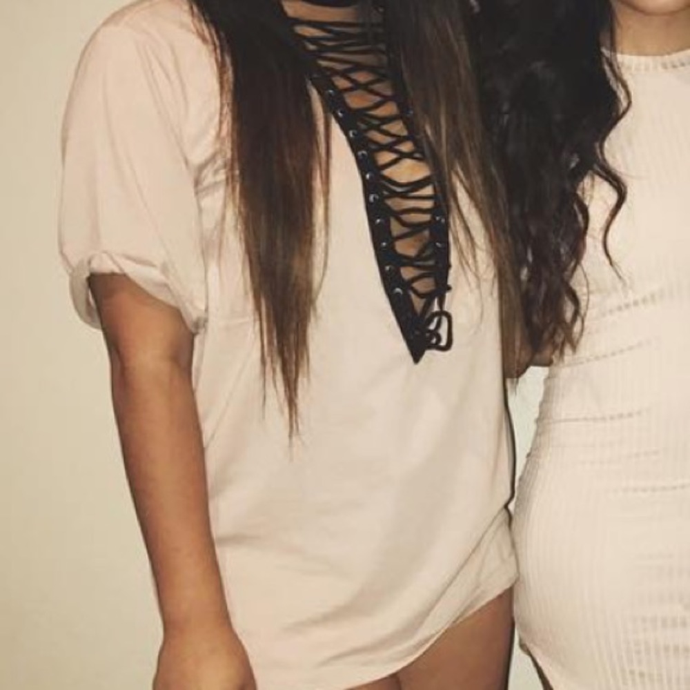 Nude criss cross tie front Oversized shirt dress
